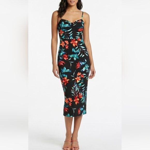 No Boundaries Dresses & Skirts - No Boundaries Juniors Tropical Floral Bodycon Midi Dress, Black/Multicolor, Size